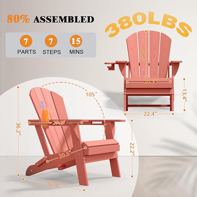 Folding Adirondack Chair Set of 4, HDPE All-Weather Patio Chairs for Outdoor, Patio, Lawn, Garden, Backyard Deck, Fire Pit - Light Red