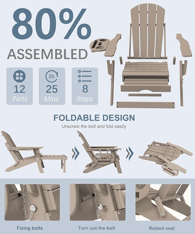 Adjustable Adirondack Chair with Retractable Ottoman Set of 2, HDPE Folding Adirondack Chair with Cup Holder, All Weather Fire Pit Chair for Outdoor.