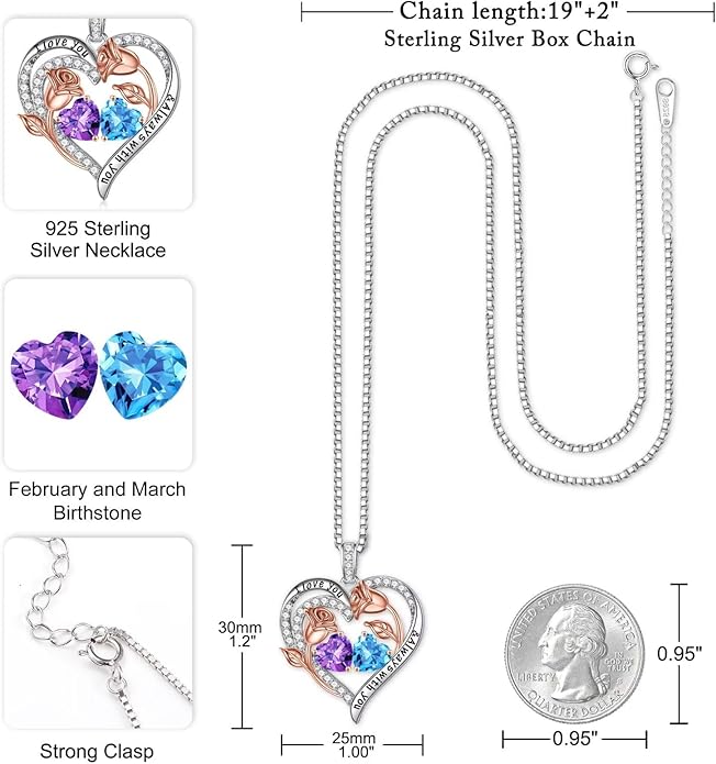Iefil Christmas Gifts for Women Wife - 925 Sterling Silver Rose Heart Birthstone Necklace Birthday Anniversary Jewelry Gifts for Her Wife Mom Daughter