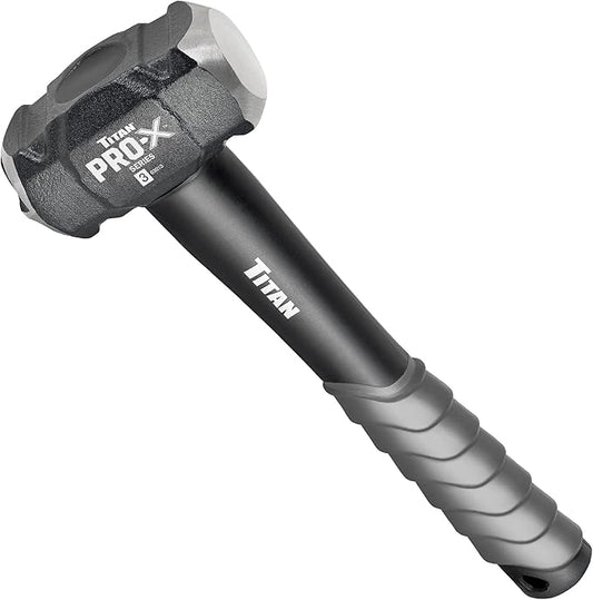 Titan Pro-X 63013 3lb Drilling Hammer, Dual-Face Sledge with Cross-Pattern Face for Concentrated Power & Flat Face for Stake Driving, Overstrike Protection, 12" Fiberglass Handle with Textured Grip