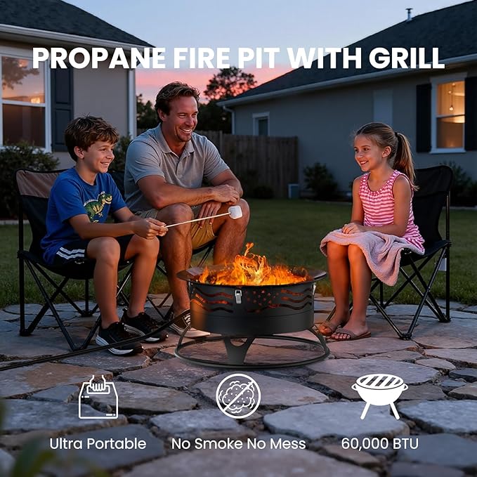 20 Inch Propane Fire Pit, Portable Gas Fire Pit Bowl for Outside, 60,000 BTU Smokeless Outdoor Firepit with Lid & Grill Grate for Patio, Yard, Gardenn, Camping