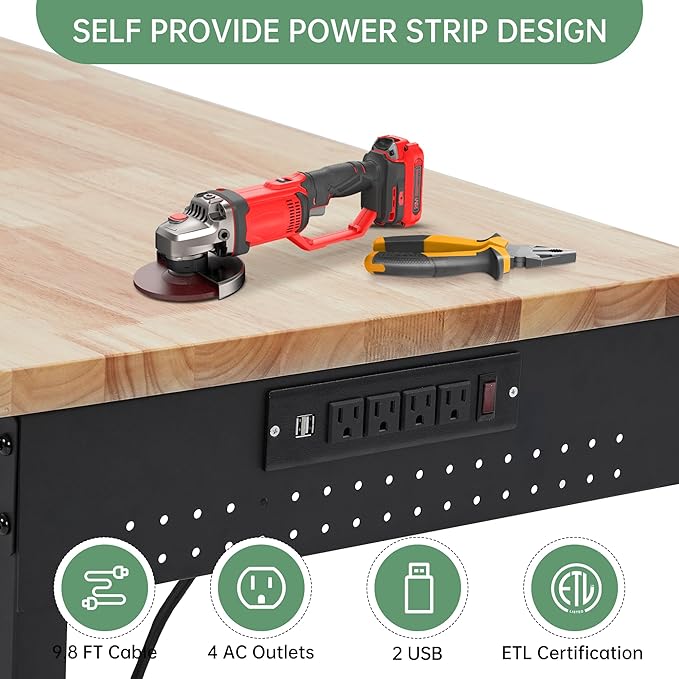 48"x24" Heavy-Duty Adjustable Workbench - 2000LB Capacity Work Bench with Rubberwood Top, Locking Wheels & Power Outlets, 27.8"-39.5" Height, Mobile Garage Workstation for Workshop/Home DIY