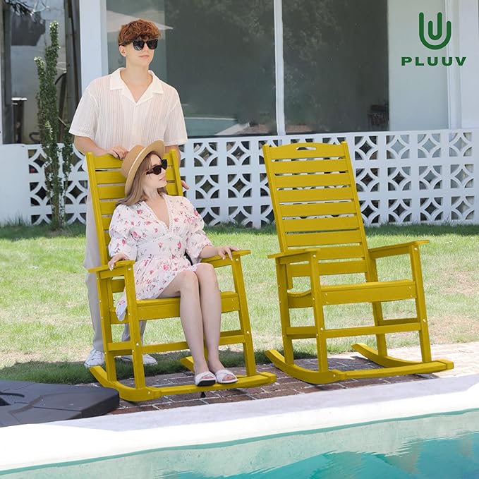 Outdoor Rocking Chair Set of 6 with Removable Footboard for Adults, HDPE High Back Patio Rocking Chairs, 330lbs All Weather Porch Rocking Chairs for Outdoor & Indoor -Yellow