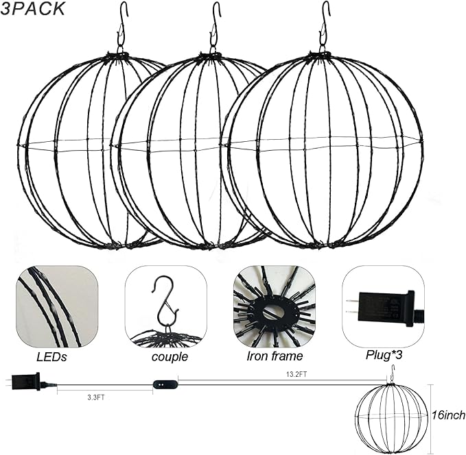 3 Pack 16” Outdoor/Indoor LED Christmas Light Balls, Smart Hanging Tree Decor Sphere Lights, Dimmer Color Changing, App & Remote Control, Timer, Waterproof, Holiday, Patio, Wedding Decor