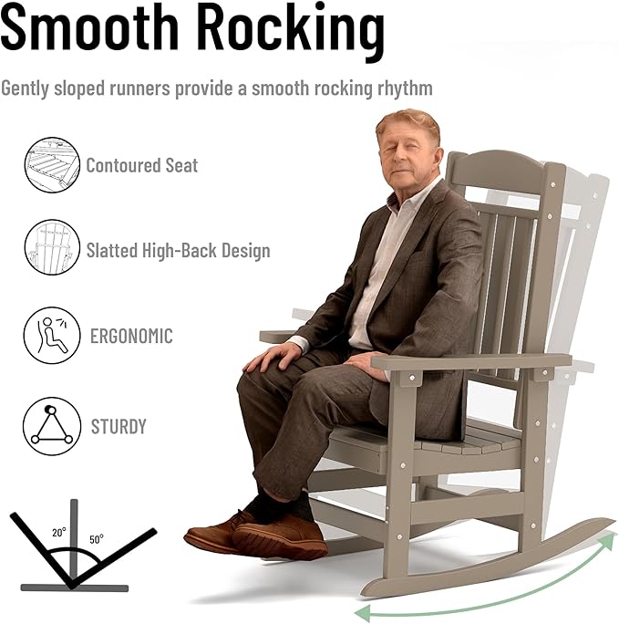 Outdoor Rocking Chairs Set of 8, Oversized High Back Patio Rocking Chairs, All Weather Porch Rocking Chairs for Outside. Brown