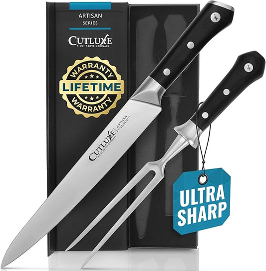 Cutluxe Turkey Carving Knife Set – Carving Fork & Knife for Meat, BBQ, Brisket – Razor Sharp Premium German Steel Full Tang, Ergonomic Handle, Grilling Gifts for Men – Artisan Series