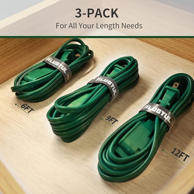 PLUGTUL 3-Pack Indoor Extension Cord (6/9/12FT), 2 Prong Green Extension Cord, 3 Polarized Outlets with Safety Cap Protect for Home Office, 16/2 SPT-2 ETL Listed
