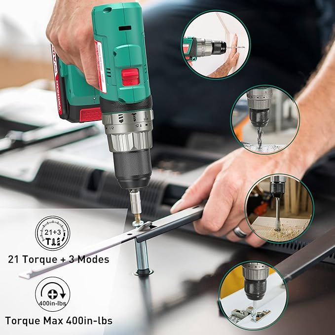 HYCHIKA Cordless Hammer Drill Driver 20V, 400 In-lbs Torque Impact Power Drill with Side Handle,1/2”Metal Chuck 21+3 Clutch, 2.0Ah Battery, LED Light for Drilling Wood Metal Wall