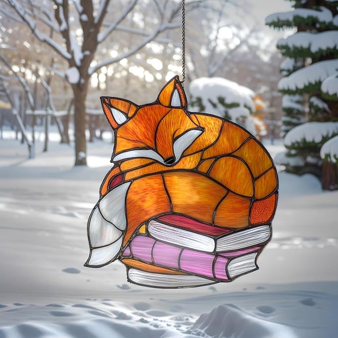 Sleeping Fox Book Christmas Ornament Bookish Acrylic Suncatcher Stained Glass Effect Window Hanging for Book Lover Reading Nook Decor Gift for Librarian Readers