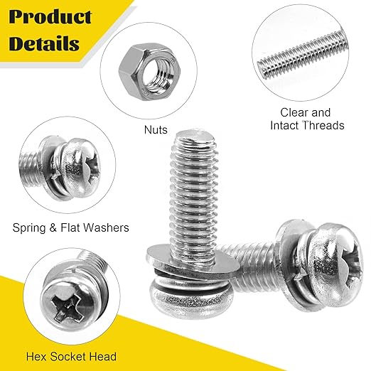 640PCS Machine Screws Assortment Kit, M2 M2.5 M3 M4 M5 Nuts and Bolts Assorted Set, 304 Stainless Steel Metric Combination Screw with Fixed Washers (All-in-One Design)