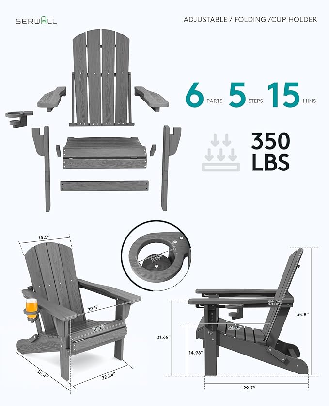 SERWALL Folding Adirondack Chair Set of 8, Adjustable Adirondack Chair with 3 Recline Positions, All Weather HDPE Outdoor Adirondack with Cup Holders, Gray