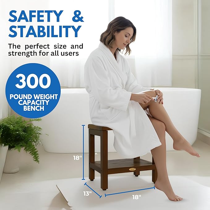 DecoTeak Eleganto 18 Inch Brown Waterproof Teak Wood Shower Bench Stool Seat Chair for Inside Shower Provides Safety, Storage, and Organization Storage Shelf for Bathroom Accessories