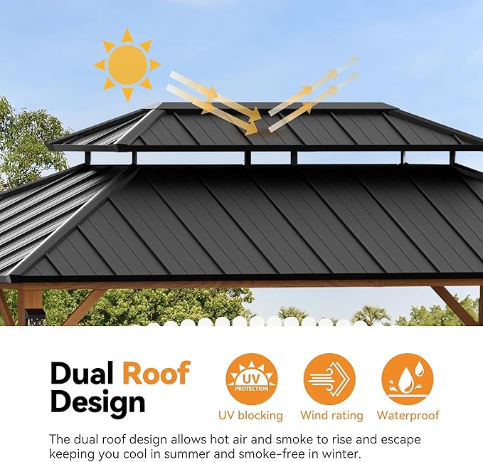 Modern Shade The Horizon Hardtop Gazebo 10' x 14' with 4 LED Lights, Permanent Outdoor Gazebo with Galvanized Steel Double Roof, Grill Pavilion with Decor Hooks, Mosquito Nettings, Wood Grain