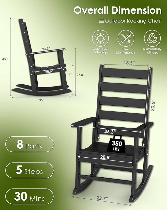 GREENVINES Outdoor-Rocking-Chair | HDPE Plastic | Patio Rockers | Porch Rocker Chairs | Shaker | Oversized | High Ladder Back | Big & Tall | PentaLuxe | Black