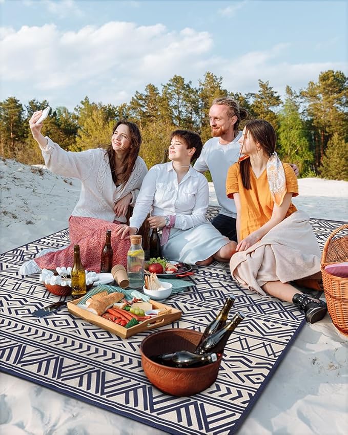 Outdoor Rug Carpet 8x10 ft, Flatweave Textured Outdoor Patio Rug Non Slip Indoor Outdoor Rugs with Rubber Particles Backing Boho Outdoor Area Rug for Patio Deck Front Porch Backyard Balcony, Navy