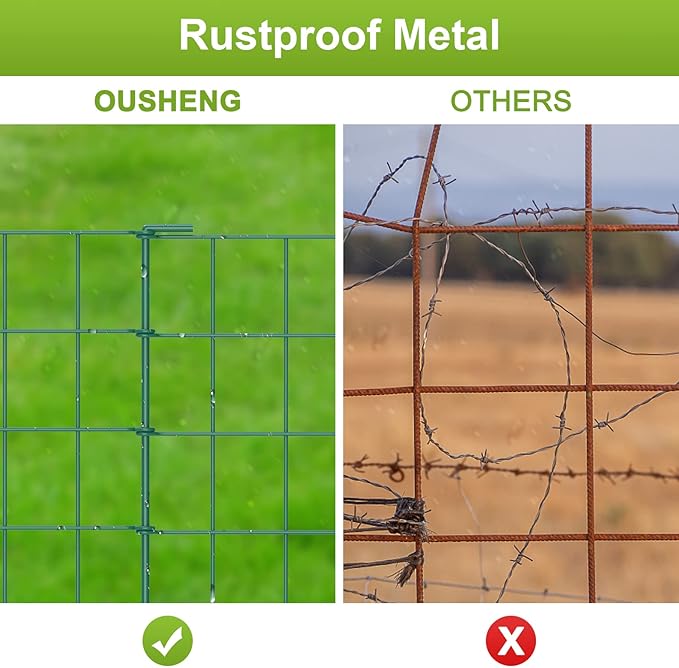 OUSHENG 20ft Green Garden Fence for Dog, Easy Assembly Decorative Fencing Rustproof Metal Wire Panel Border for Outside, Small Animal Barrier for Yard Outdoor, Grids