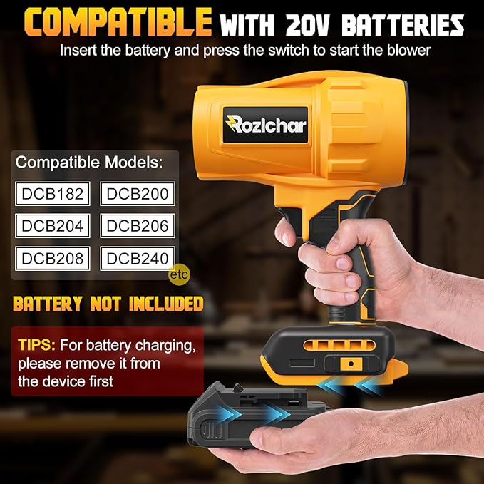 Rozlchar Cordless Leaf Blower Compatible for DeWALT 20V Batteries(No Battery), Variable Speed Handheld Turbo Blower with Brushless Motor, Portable Dust/Snow Cleaner for Lawn, Patio