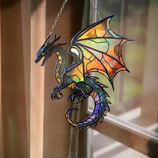 Dragon Christmas Ornament Mythical Creatures Suncatcher Window Hanging Acrylic Stained Glass Effect Art Garden Decor Unique Fantasy Gift for Mom Nerds Thanksgiving