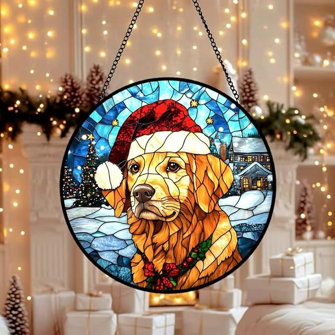 Stained Glass Window Hanging - Christmas Tree and Golden Retriever Suncatcher fof Garden Home Decor for Women Mon Grandma Friends