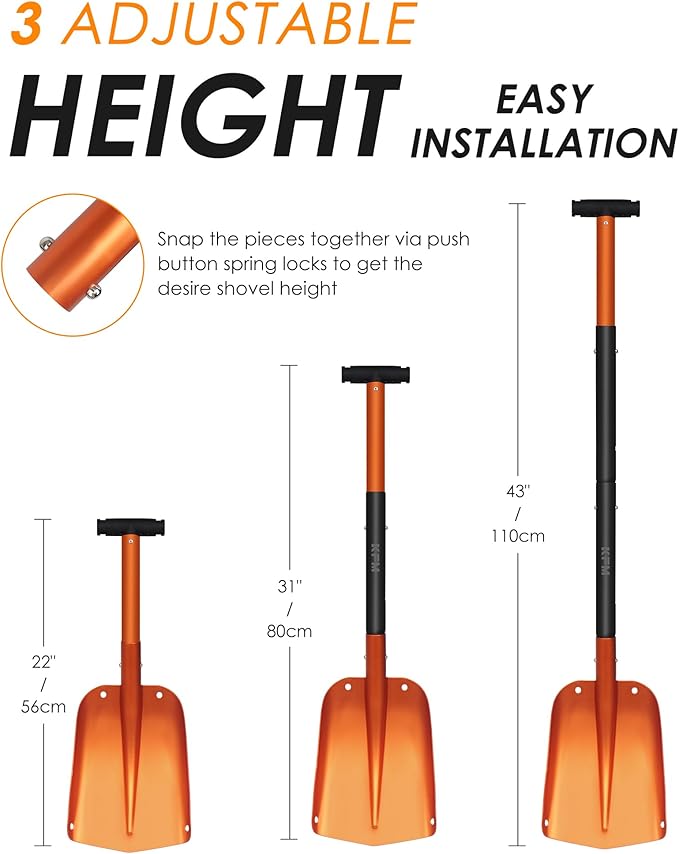 KFM Snow Shovel for Car, 22 to 43 Inch Collapsible Adjustable Length Metal Shovel for Car Snow Removal with Carrying Bag for Vehicle, Truck, Driveway, Outdoor, Camping
