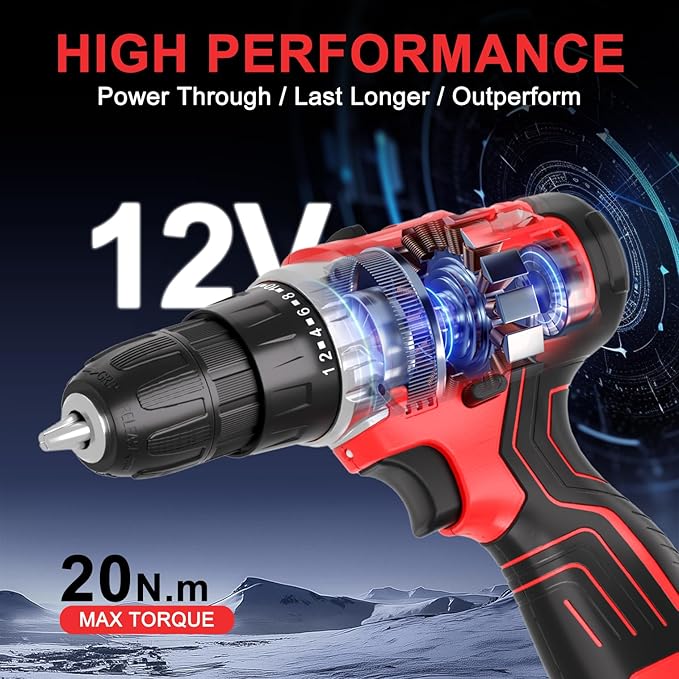GardenJoy Cordless Power Drill Set: 12V Electric Drill with Battery and Charger, 34pcs Acessories, 3/8"Keyless Chuck, 2 Variable Speed, 24+1 Position, Compact Drill Driver Kit for Home & DIY Project