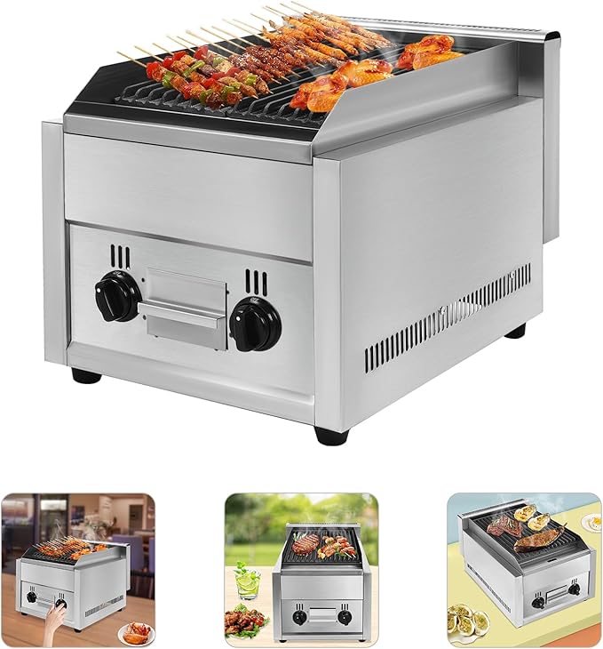 2 Burner Gas Grill, Portable Countertop Gas Propane Charbroiler with Large Grill Pan & Adjustable Temperature Commercial Char Broiler Grill for Canteens Small Food Factories Western Restaurants Etc