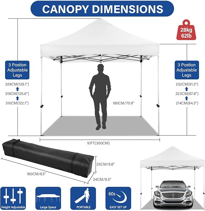 COBIZI 10x10 Pop up Canopy Heavy Duty Without Sidewalls, Easy Set-up Commercial Outdoor Party, 100% Waterproof Wedding Canopy Gazebo, 3 Height Adjustable with Handle Bag,White
