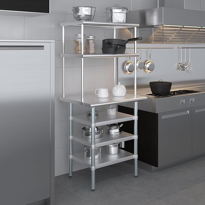 Amgood 24" x 30" Stainless Steel Work Table with 3 Shelves and 18" Wide Double Tier Overshelf | Metal Kitchen Prep Table & Shelving Combo | NSF