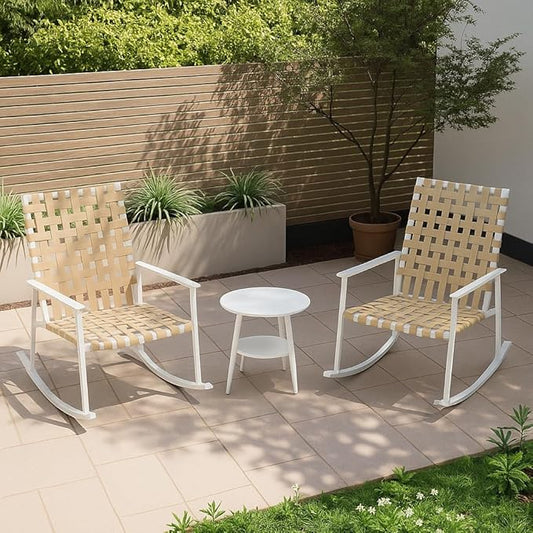 3-Piece Outdoor Patio Furniture Set, Rocking Bistro Conversation Set with 2-Tier Side Coffee Table, Front Porch Furniture for Lawn, Garden, Balcony, Poolside (Beige)