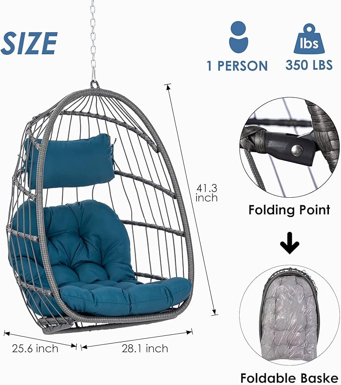 Yechen Wicker Rattan Hanging Egg Swing Chair with Hanging Chain Outdoor Indoor, Foldable Hammock Egg Basket Chairs Without Stand with Aluminum Frame and UV Resistant Cushion for Bedroom Porch