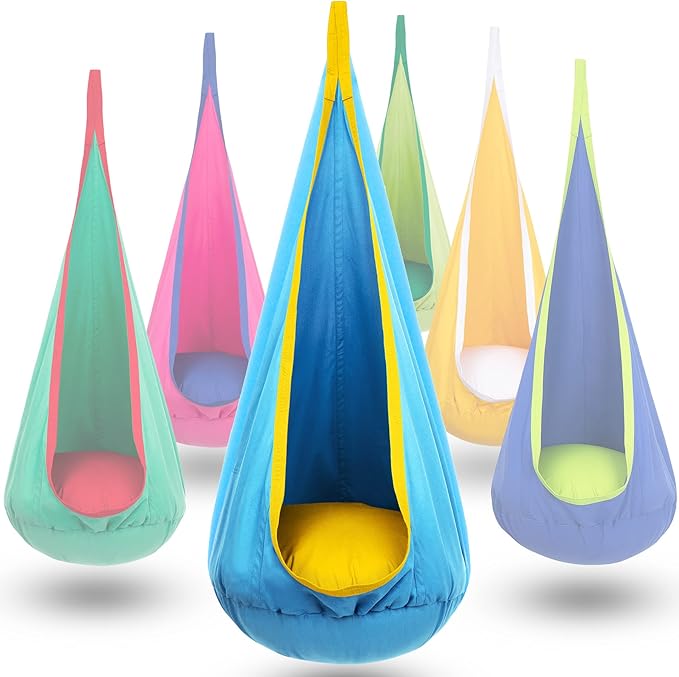 Y- STOP Kids Pod Swing Seat, Hanging Hammock Chair Swing with Inflatable Pillow, Sensory Swing Chair with Pocket for Outdoor and Indoor (Blue Yellow)
