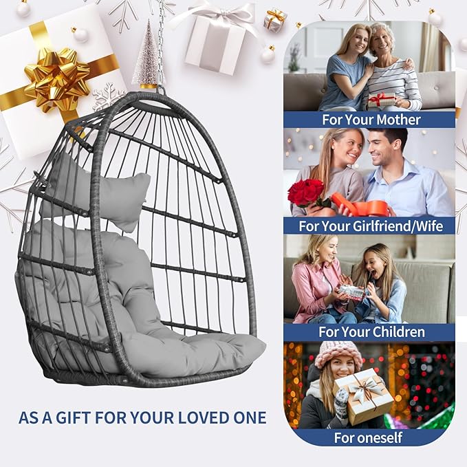 Nicesoul Hanging Egg Chair Outdoor Without Stand, Indoor Swing Egg Basket Ceiling Tree Chairs with Cushion, 350lbs Egg-Shaped Hammock Chair No Stand for Patio, Backyard, Balcony, Bedroom,Porch, Gray
