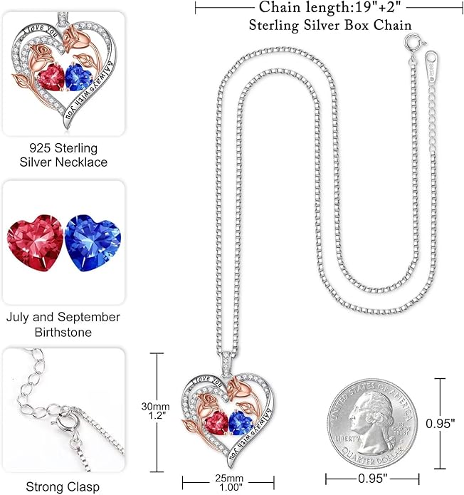 Iefil Christmas Gifts for Women Wife - 925 Sterling Silver Rose Heart Birthstone Necklace Birthday Anniversary Jewelry Gifts for Her Wife Mom Daughter