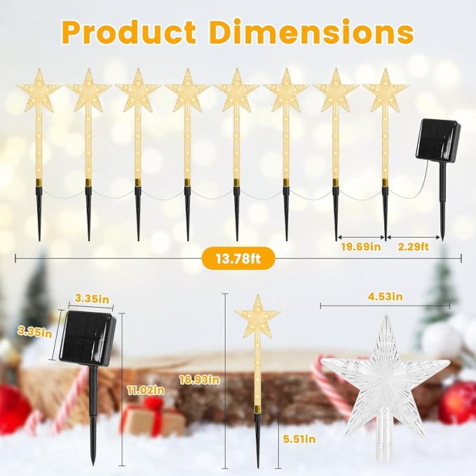 8 Pcs Christmas Solar Stake Light, Decorative IP64 Waterproof 64LED Beads Star-Shaped Pathway Lights with 8 Lighting Modes Xmas Decoration for Outdoor Garden Patio Yard Porch Driveway