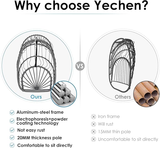 Yechen Hanging Egg Chair Outdoor Without Stand Indoor, Aluminum Foldable Swing Egg Chairs - Wicker Rattan Hammock Egg Porch Swing with UV Resistant Cushions for Bedroom Patio Balcony