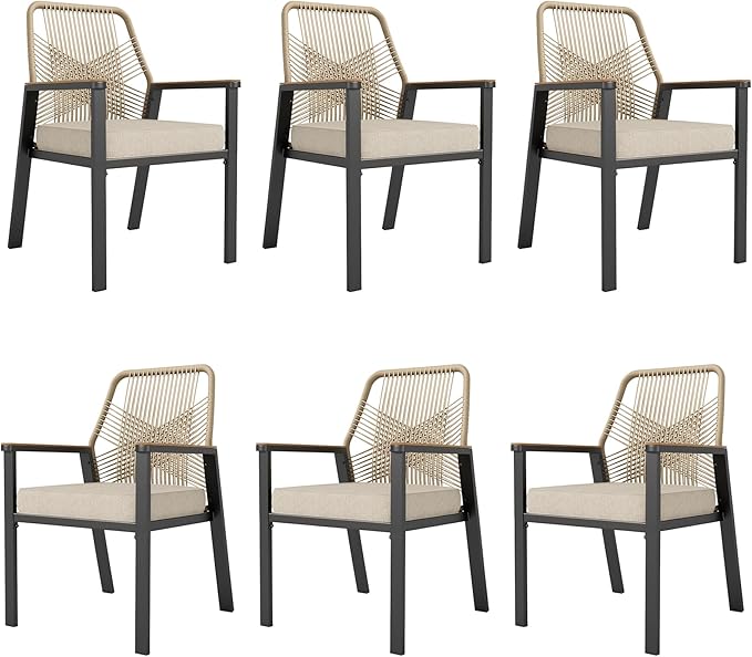 HERA'S HOUSE Patio Chairs Set of 6, 36.6" Rattan Dining Chairs with Heavy-Duty Wrought Iron Metal Frame Support 300lbs, All-Weather Dining Chair for Garden Lawn Backyard Kitchen Deck