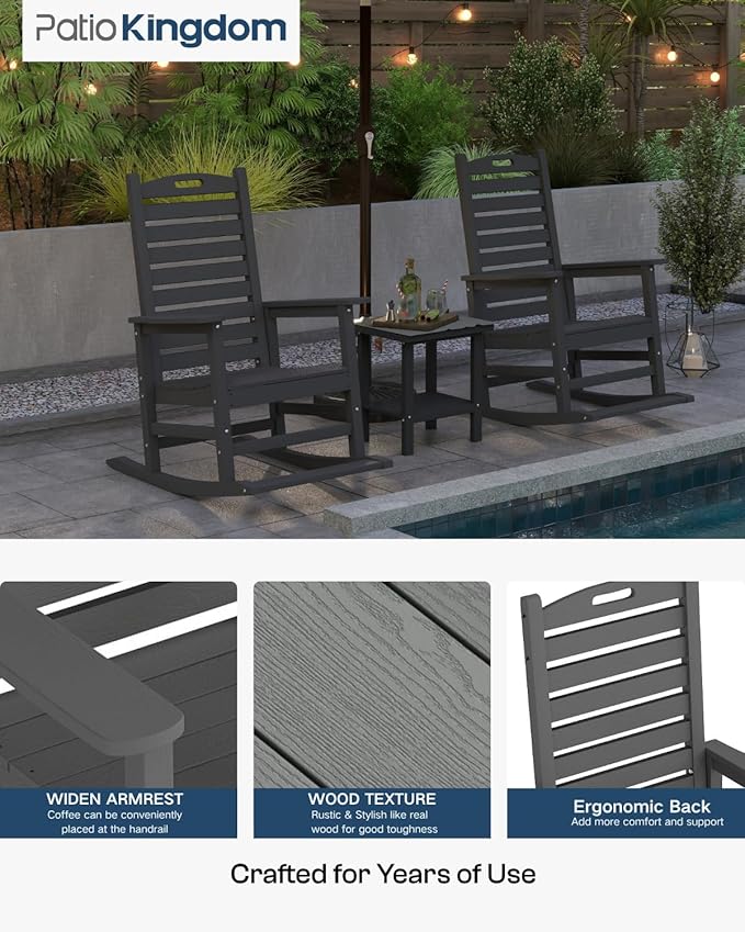 Outdoor Rocking Chairs Set of 2 with Footrest & Side Table, HDPE Modern Rocking Lawn Chair for Garden, Poolside, Deck (Black)