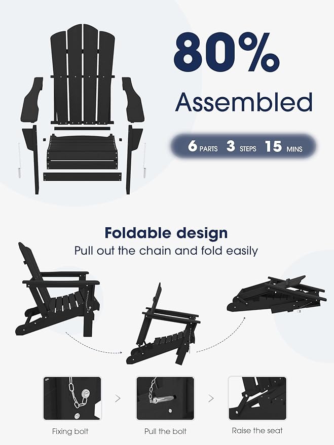 KINGYES Folding Adirondack Chair Set of 8, HDPE All-Weather Patio Chairs, Wooden Textured Lawn Chair for Poolside, Backyard, Deck, Fire Pit, Black