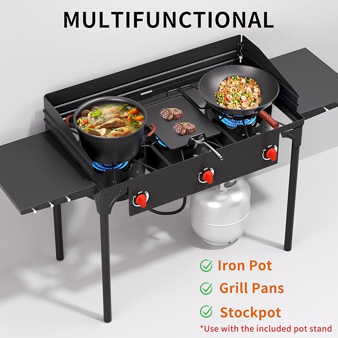 SKOK 3 Burners Propane Stove with Wind Panel &ide Shelves, Camping Propane Stove, Outdoor Stove