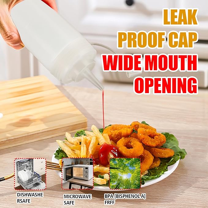 Squeeze Bottles for Sauces,Leak-Proof Condiment Dispenser, BPA-Free Kitchen Restaurant Squeeze Bottle Set with Wide Mouth for Ketchup, Mustard,Syrup,Dressings (White, 2Pack-16oz(400ml))