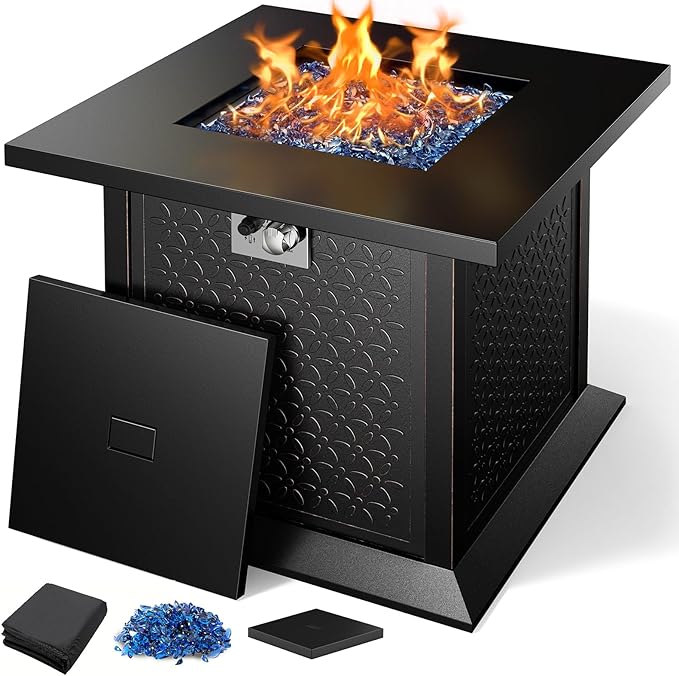 Ciays 28" Propane Fire Pit Table with 50,000 BTU Output, Outdoor Gas Fire Pit Table CSA-Certified for Outside Patio with Glass Rocks and Removable Lid, Extra-Wide Anti-Tip Base for Child & Pet Safe
