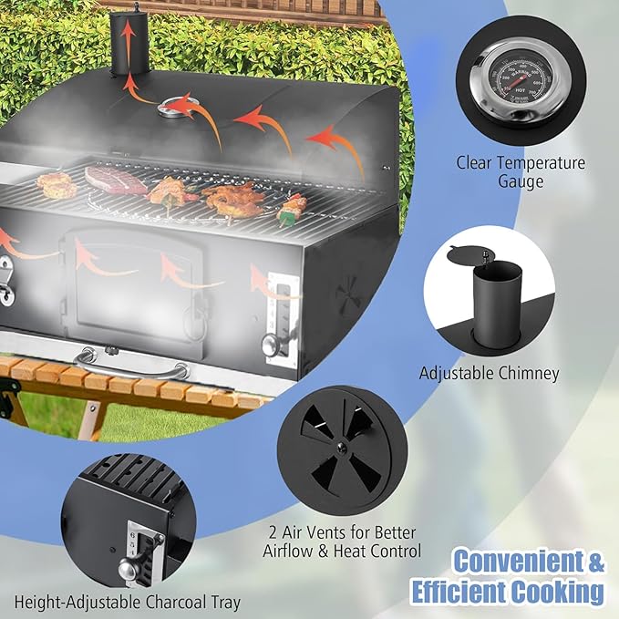 Built-in Barbecue Grills, Large Charcoal BBQ Grills with Liftable Tray, Insulated Hood & Temp Gauge, Black Stainless Steel Charcoal BBQ Barrel Grill for Outdoor Kitchen Camping Park Style