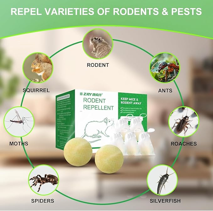 Rodent Repellent with Peppermint Oil - Mouse, Rat & Squirrel Repellent Balls for Garage, Attic, Car Engines - Natural Mice/Mole Deterrent for Indoor/Outdoor, Safe for Humans & Pets