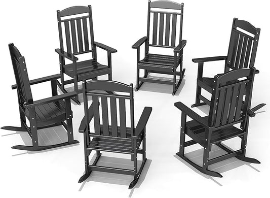 FOOWIN Outdoor Rocking Chair Set of 6, High Back Patio Rocking Chair, HDPE All Weather Resistant Porch Rocker for Adult, Oversized Rocking Chairs for Garden, Lawn, Indoor & Outdoor Use, Black
