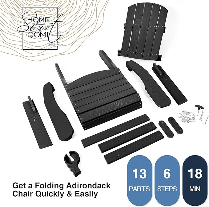 Folding Adirondack Chair, All Weather Resistant Plastic Chairs with Cup Holder, Fold or Unfold Easily in 1 Second, Outdoor Chairs for Patio, Garden, Backyard Deck, Lawn Fire Pit(Black)