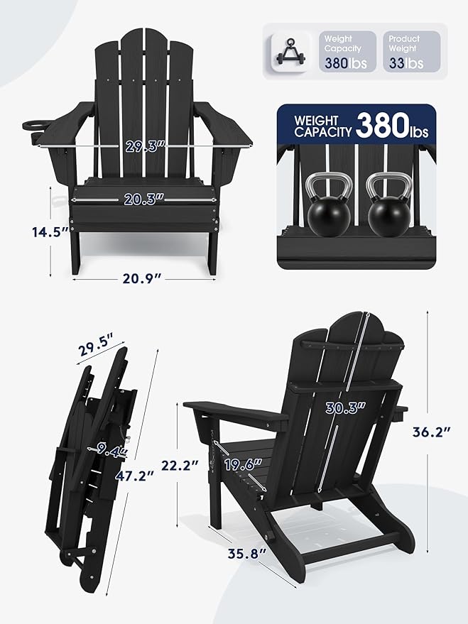 KINGYES Adjustable Folding Adirondack Chair Set of 6, 3-Position Reclining Adirondack Chairs with Cup Holder, HDPE All-Weather Oversized Adirondack for Outdoor, Patio, Backyard Deck, Fire Pit, Black