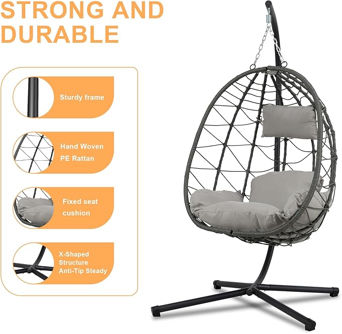 Hanging Egg Chair with Stand Egg Chair Indoor Outdoor, Patio Swing Hammock Egg Chairs, UV Resistant Removable & Washable Thicken Padded Cushions, 350LBS Capacity for Bedroom, Balcony, Garden