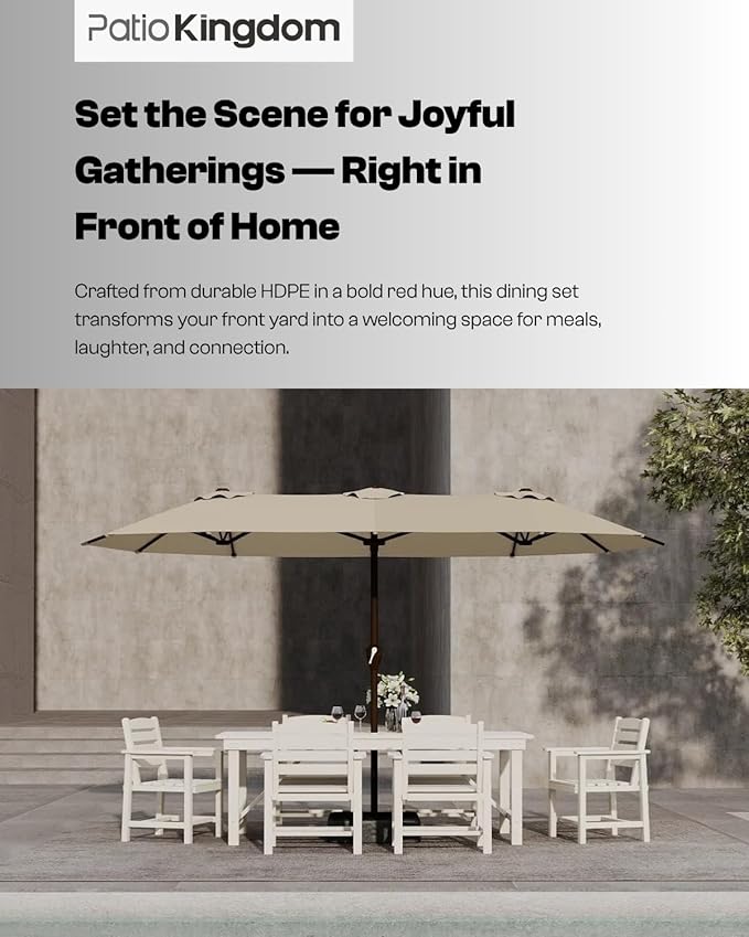 7-Piece White HDPE Patio Table and Chairs Set, Weather Resistant Outdoor HDPE Dining Table Sets with Umbrella Hole for Lawn, Garden, Deck, Poolside, Balcony