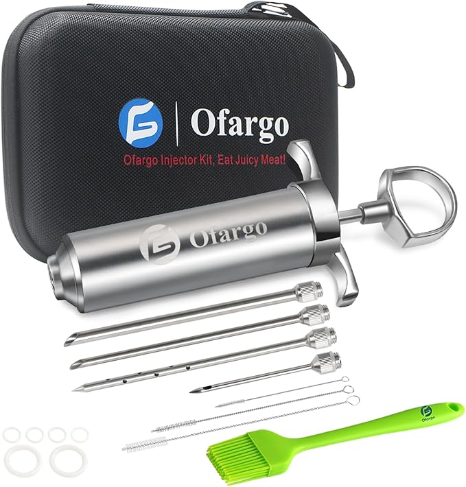 Ofargo Stainless Steel Meat Injector Syringe with 4 Marinade Needles and Travel Case for BBQ Grill Smoker, gifts for men dad husband in Thanksgiving Christmas day