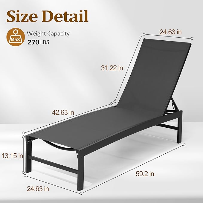 Chaise Lounge Chair, Set of 8 Outdoor Recliner Lounge Chair Sun Loungers, All Weather Chaise with 5 Adjustable Backrest and Lay Flat Positions for Garden, Balcony, Pool, Black